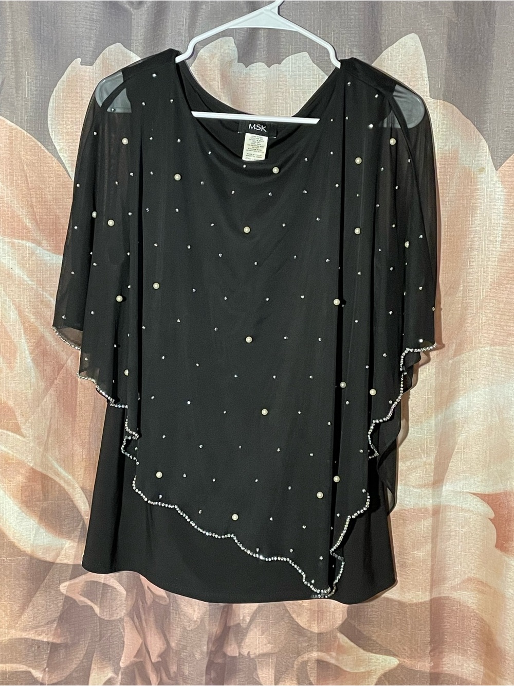 MSK Black Beaded Capelet Sleeve Tunic